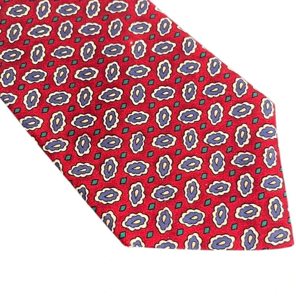 Polo Ralph Lauren Red Silk Medallion Geometric Print Mens Necktie Made By Hand